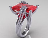 Modern Bridal 10K White Gold Radiant Ruby Diamond Honeymoon Cocktail Ring R292-10KWGDR