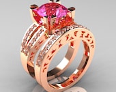 Modern Vintage 14K Rose Gold 3.0 Carat Pink Sapphire Diamond Solitaire Ring and Wedding Band Bridal Set R102S-14KRGDPS