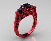 Modern 14K Red Gold Three Stone Black Diamond Solitaire Engagement Ring, Wedding Ring R250-14KRGBD