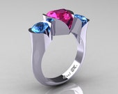 Nature Classic 10K White Gold 2.0 Ct Heart Pink Sapphire Blue Topaz Three Stone Floral Engagement Ring Wedding Ring R434-10KWGBTPS