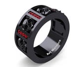 Mens Modern 14K Black Gold Channel Fire Ruby Skull Wedding Ring R413-14KBGFR