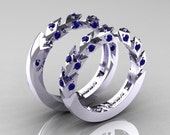 Modern Italian 14K White Gold Blue Sapphire Wedding Band Set R320BS-14KWGBS