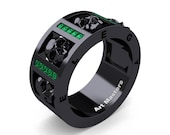 Mens Avant Garde 14K Black Gold Channel Set Princess Emerald Skull Wedding Ring R413P-14KBGEM