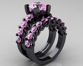 Modern Vintage 14K Black Gold 3.0 Ct Light Pink Sapphire Designer Wedding Ring Bridal Set R142S-14KBGLPS