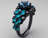Nature Classic 14K Black Gold 1.0 Ct Blue Topaz Diamond Turquoise Orchid Engagement Ring R604-14KBGDTBT