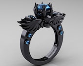 Art Masters Classic Winged Skull 14K Black Gold 1.0 Ct Blue Topaz Solitaire Engagement Ring R613-14KBGBT