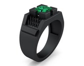 Mens Avant Garde 14K Matte Black Gold 1.5 Ct Princess Cut Emerald Thorn Ring R583-14KMBGEM