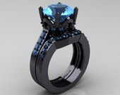 Classic 14K Black Gold 3.0 Carat Blue Topaz Solitaire Wedding Ring Wedding Band Set R301S-14KBGBT