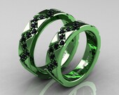 Classic Armenian Military 14K Green Gold Black Diamond Wedding Band Set R504BS-14KGGBD