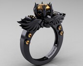 Art Masters Classic Winged Skull 14K Black Gold 1.0 Ct Peach Sapphire Solitaire Engagement Ring R613-14KBGPES
