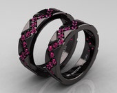 Classic Armenian 14K Black Gold Pink Sapphire Wedding Band Set R504BS-14KBGPS