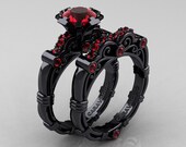 Art Masters Caravaggio 14K Black Gold 1.0 Ct Ruby Engagement Ring Wedding Band Set R623S-14KBGR