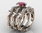 Art Masters Caravaggio Trio 14K Rose Gold 1.0 Ct Deep Red Ruby White Diamond Engagement Ring Wedding Band Set R623S3-14KRGDDRR