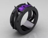 Harald Hardrada - Mens 14K Matte Black Gold Amethyst Channel Cluster Wedding Band R417M-14KMBGAM