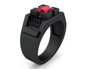 Mens Avant Garde 14K Matte Black Gold 1.5 Ct Princess Cut Ruby Thorn Ring R583-14KMBGR