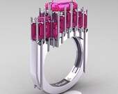 Modern Gothic 14K White Gold Emerald and Baguette Pink Sapphire Cathedral Wedding Ring R424-14KWGPS