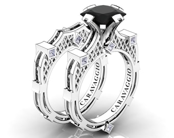 Art Masters Caravaggio 14K White Gold 2.0 Ct Princess Black and White Diamond Engagement Ring Wedding Band Bridal Set R782PS-14KWGDBD