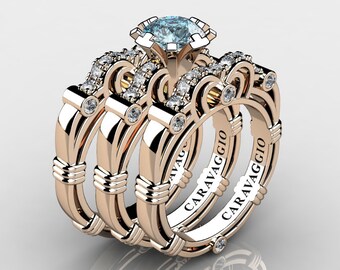 Art Masters Caravaggio Trio 14K Rose Gold 1.0 Ct Aquamarine White Diamond Engagement Ring Wedding Band Set R623S3-14KRGDAQ