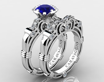 Art Masters Caravaggio 18K White Gold 1.0 Ct Blue Sapphire Diamond Engagement Ring Wedding Band Set R623S-18KWGDBS