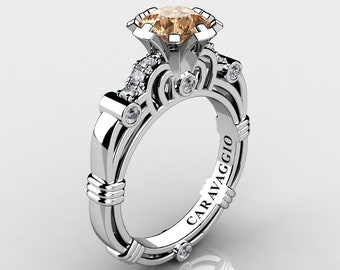 Art Masters Caravaggio 14K White Gold 1.0 Ct Champagne and White Diamond Engagement Ring R623-14KWGDCHD