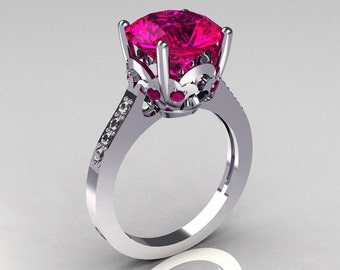 French Bridal 950 Platinum 3.5 Carat Pink Sapphire Pave Diamond Solitaire Wedding Ring R301-PLATDPS