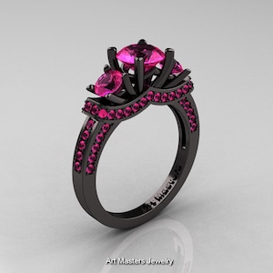 French 14K Black Gold Three Stone Pink Sapphire Wedding Ring, Engagement Ring R182-14KBGPSS