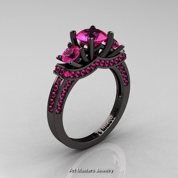 French 14K Black Gold Three Stone Pink Sapphire Wedding Ring, Engagement Ring R182-14KBGPSS