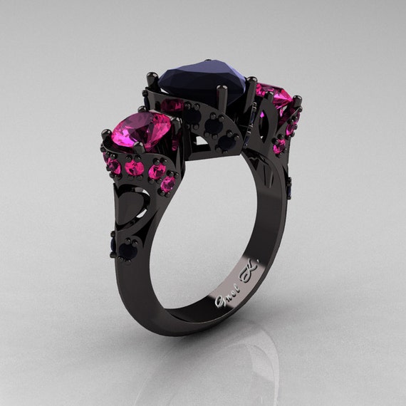 Scandinavian 14K Black Gold Ct Heart Black Diamond Pink