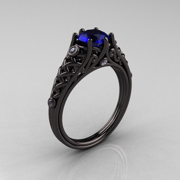 Designer Exclusive Classic 18K Black Gold 1.0 Carat Blue Sapphire Diamond Lace Ring R175-18KBGDBS