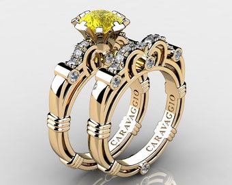 Art Masters Caravaggio 18K Yellow Gold 1.0 Ct Yellow Sapphire Diamond Engagement Ring Wedding Band Set R623S-18KYGDYS