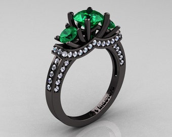 French 14K Black Gold Three Stone Emerald Diamond Wedding Ring, Engagement Ring R182-14KBGDEM