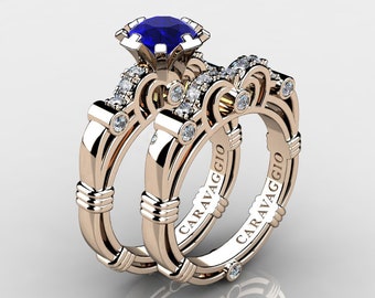 Caravaggio 14K Rose Gold 1.0 Ct Natural Blue Sapphire Diamond Engagement Ring Wedding Band Set R623S-14KRGDNBS