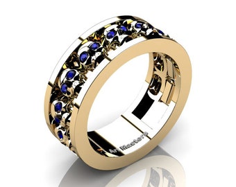 Mens Modern 14K Yellow Gold Blue Sapphire Skull Channel Cluster Wedding Ring R913-14KYGBS