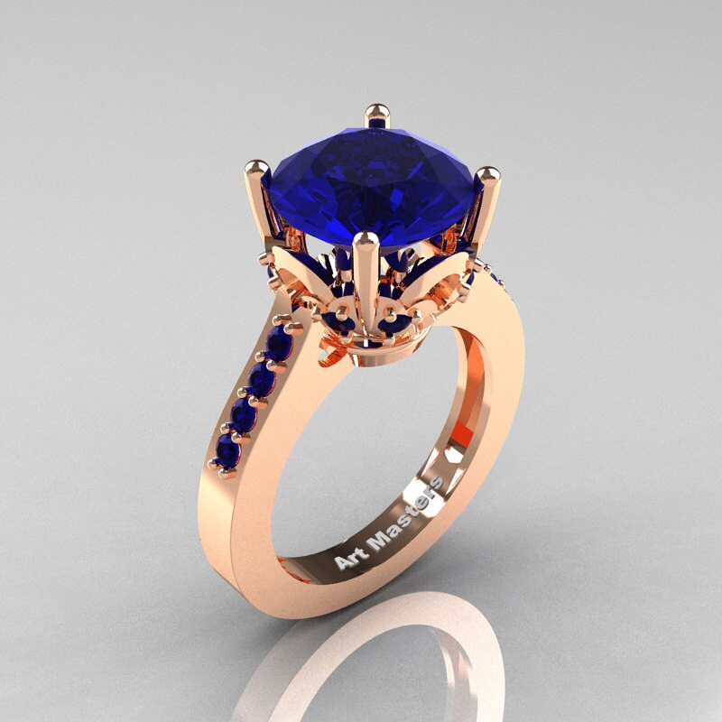 ゴールド サファイア ソリティアリング クラシック 14K ローズ ゴールド 3.0 カラット ブルー