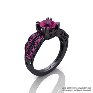 Anel solitário de safira rosa moderno vintage 14K em ouro preto fosco 1,0 quilates R322-14KMBGPS