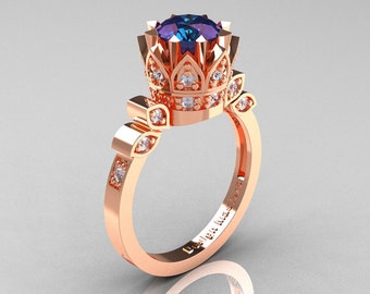 Classic Armenian 14K Rose Gold 2.0 Alexandrite Diamond Bridal Solitaire Ring R405-14KRGD2AL