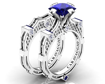 Art Masters Caravaggio 14K White Gold 2.0 Ct Princess Blue Sapphire Diamond Engagement Ring Wedding Band Bridal Set R782PS-14KWGDBS