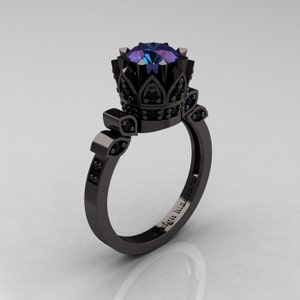 Exclusive Classic Armenian 14K Black Gold 2.0 Alexandrite Black Diamond Bridal Solitaire Ring R405-14KBGBD2AL