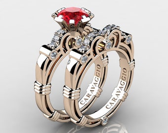 Art Masters Caravaggio 14K Rose Gold 1.0 Ct Ruby Diamond Engagement Ring Wedding Band Set R623S-14KRGDR