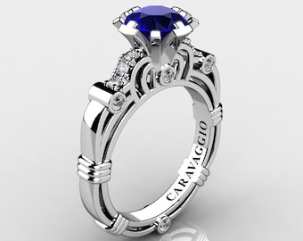 Art Masters Caravaggio 14K White Gold 1.0 Ct Blue Sapphire Diamond Engagement Ring R623-14KWGDBS