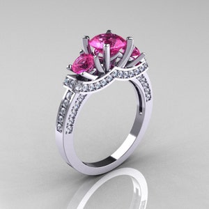 Anel de casamento francês com três pedras em ouro branco 18K e diamante de safira rosa, anel de noivado R182-18KWGDPS