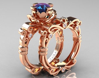 Caravaggio Renaissance 14K Rose Gold 1.0 Ct Alexandrite Diamond Engagement Ring Wedding Band Bridal Set R615S-14KRGDAL