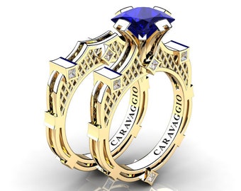 Art Masters Caravaggio 14K Yellow Gold 2.0 Ct Princess Blue Sapphire Diamond Engagement Ring Wedding Band Bridal Set R782PS-14KYGDBS