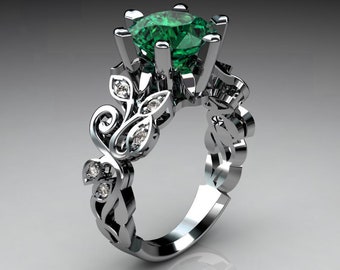 Nature Inspired 14K White Gold 3.0 Ct Emerald Diamond Leaf and Vine Crown Solitaire Ring RD101-14KWGDEM