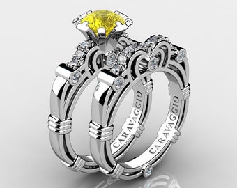 Art Masters Caravaggio 18K White Gold 1.0 Ct Yellow Sapphire Diamond Engagement Ring Wedding Band Set R623S-18KWGDYS