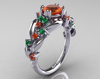 Nature Classic 14K White Gold 1.0 Ct Orange Sapphire Emerald Leaf and Vine Engagement Ring R340-14KWGEMOS