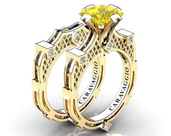 Art Masters Caravaggio 14K Yellow Gold 2.0 Ct Princess Yellow Sapphire Diamond Engagement Ring Wedding Band Bridal Set R782PS-14KYGDYS