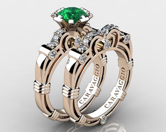 Art Masters Caravaggio 14K Rose Gold 1.0 Ct Emerald White Diamond Engagement Ring Wedding Band Set R623S-14KRGDEM