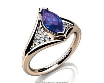 French 14K Rose Gold 1.0 Carat Marquise Alexandrite Diamond Lace Solitaire Engagement Ring R438-14KRGDAL