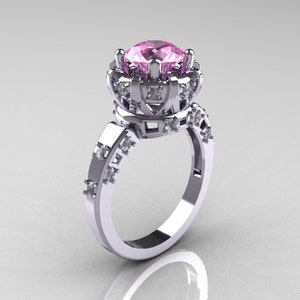Anel de casamento clássico solitário armênio AR107-14KWGDLPS em ouro branco 14K, 1,5 quilates, safira rosa claro e diamante
